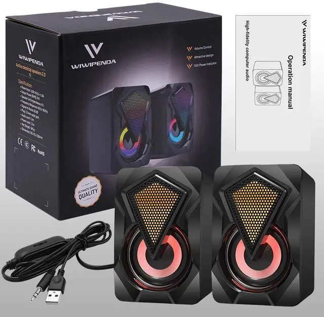 Alt view image 7 of 7 - Computer Speakers X2 Wired PC Speaker 2.0 USB Gaming Powered Stereo Mini Multimedia Volume Control with RGB Lights 3.5mm Aux Input for Phone Tablets Desktop Laptop