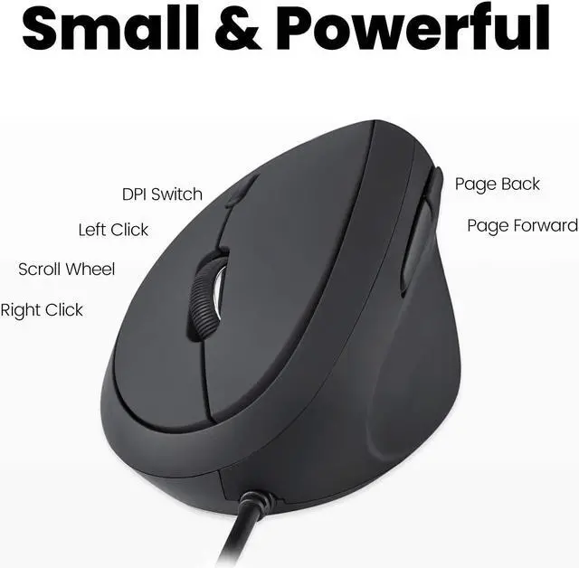 Alt view image 3 of 7 - Perixx PERIMICE-519 Wired Ergonomic Vertical Mouse - Portable Small Design - 105x67x58 mm - Right Handed Black