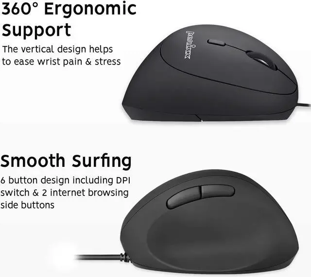 Alt view image 6 of 7 - Perixx PERIMICE-519 Wired Ergonomic Vertical Mouse - Portable Small Design - 105x67x58 mm - Right Handed Black