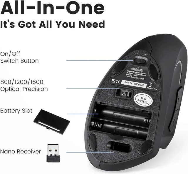 Alt view image 5 of 7 - Perixx PERIMICE-713 Wireless Ergonomic Vertical Mouse - Right Handed Design - Nano USB Receiver