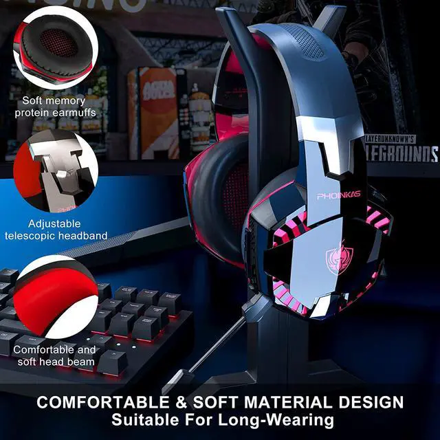 Alt view image 6 of 6 - PHOINIKAS G2000 Wired Gaming Headset for PS4, Xbox One, PC, PS5, Over Ear Headphones with Detachable Noise Cancelling Mic, One-Click 7.1 Sound, Bluetooth Wireless Headset only for Phone, Up to 12h