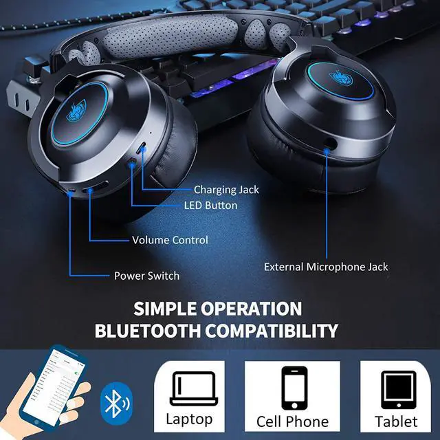 Alt view image 5 of 7 - PHOINIKAS Q9 Xbox One Gaming Headset for PS5, PS4, PC, Nintendo Switch, Wired Over Ear Headphones with Detachable Noise Canceling Mic, 7.1 Sound, Wireless Bluetooth Music Headset for Phone, Up to 40h
