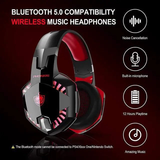 Alt view image 4 of 6 - PHOINIKAS G2000 Wired Gaming Headset for PS4, Xbox One, PC, PS5, Over Ear Headphones with Detachable Noise Cancelling Mic, One-Click 7.1 Sound, Bluetooth Wireless Headset only for Phone, Up to 12h