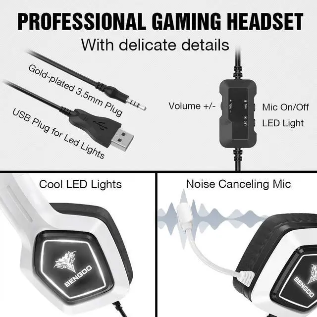 Alt view image 3 of 7 - BENGOO G9700 Gaming Headset Headphones for PS4 PS5 Xbox One PC Controller, Noise Canceling Over Ear Headphones with Mic, White LED Light, Bass Surround Sound, Earmuffs for Nintendo 64 Gameboy Advance