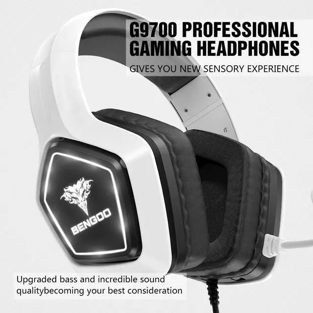 Alt view image 6 of 7 - BENGOO G9700 Gaming Headset Headphones for PS4 PS5 Xbox One PC Controller, Noise Canceling Over Ear Headphones with Mic, White LED Light, Bass Surround Sound, Earmuffs for Nintendo 64 Gameboy Advance