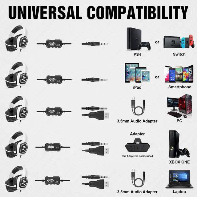Alt view image 2 of 7 - BENGOO G9700 Gaming Headset Headphones for PS4 PS5 Xbox One PC Controller, Noise Canceling Over Ear Headphones with Mic, White LED Light, Bass Surround Sound, Earmuffs for Nintendo 64 Gameboy Advance