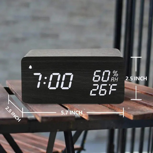 Alt view image 3 of 7 - Wooden Digital Alarm Clock with Wireless Charging, 3 Alarms LED Display, Sound Control and Snooze Dual for Bedroom, Bedside, Office (Black)