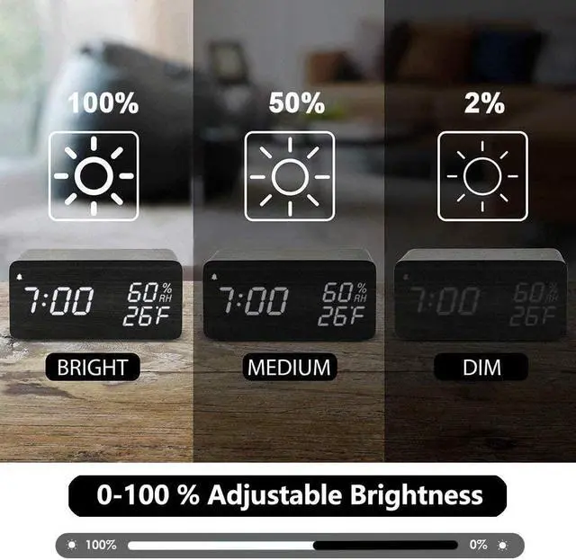 Alt view image 5 of 7 - Wooden Digital Alarm Clock with Wireless Charging, 3 Alarms LED Display, Sound Control and Snooze Dual for Bedroom, Bedside, Office (Black)