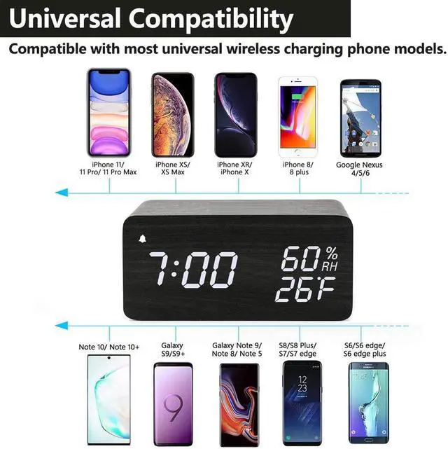 Alt view image 7 of 7 - Wooden Digital Alarm Clock with Wireless Charging, 3 Alarms LED Display, Sound Control and Snooze Dual for Bedroom, Bedside, Office (Black)