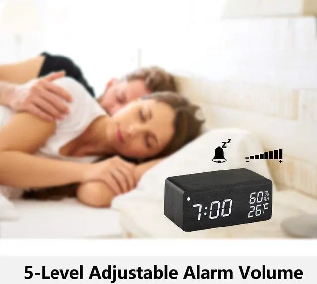 Alt view image 2 of 7 - Wooden Digital Alarm Clock with Wireless Charging, 3 Alarms LED Display, Sound Control and Snooze Dual for Bedroom, Bedside, Office (Black)