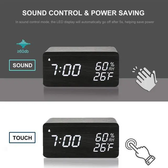 Alt view image 6 of 7 - Wooden Digital Alarm Clock with Wireless Charging, 3 Alarms LED Display, Sound Control and Snooze Dual for Bedroom, Bedside, Office (Black)