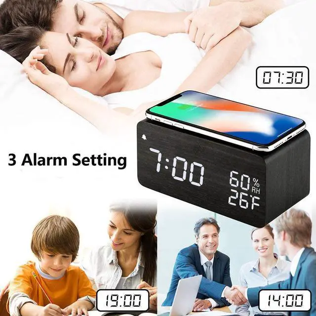 Alt view image 4 of 7 - Wooden Digital Alarm Clock with Wireless Charging, 3 Alarms LED Display, Sound Control and Snooze Dual for Bedroom, Bedside, Office (Black)