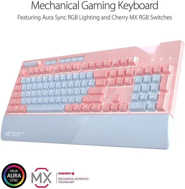 Alt view image 2 of 5 - ASUS ROG Strix Flare Pnk Limited Edition Mechanical Gaming Keyboard with Cherry MX Blue Switches, Aura Sync RGB Lighting, Customizable Badge, USB Pass Through and Media Controls
