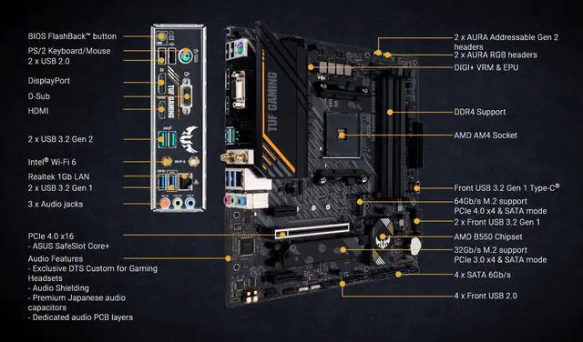 Alt view image 5 of 7 - ASUS TUF GAMING B550M-E (WIFI) AMD B550 (Ryzen AM4) Micro Gaming ATX motherboard (PCIe 4.0, dual M.2, Intel® Wi-Fi 6, DisplayPort, HDMI, D-Sub, SATA 6 Gbps, support DDR4)