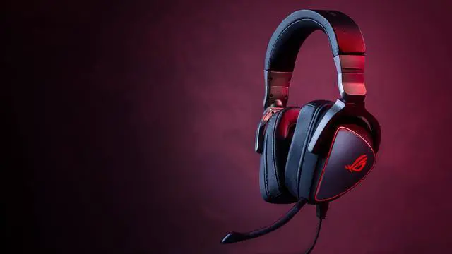 Alt view image 4 of 5 - ASUS ROG Delta Origin gaming headset with red LED lighting rings, a microphone, and USB-C connection for PCs, Macs, smartphones, and gaming consoles