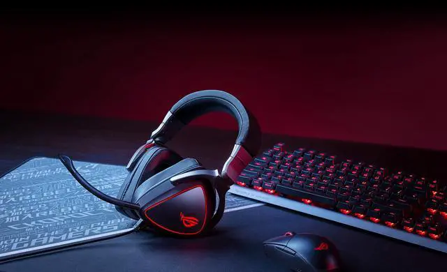 Alt view image 5 of 5 - ASUS ROG Delta Origin gaming headset with red LED lighting rings, a microphone, and USB-C connection for PCs, Macs, smartphones, and gaming consoles