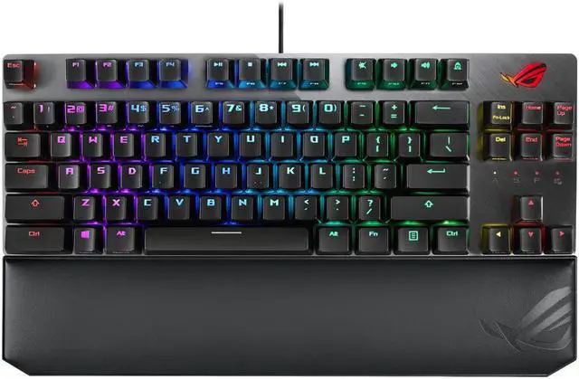 Main image of ASUS ROG Strix Scope TKL Deluxe wired mechanical RGB gaming keyboard for FPS games, Cherry MX switches, aluminum frame, ergonomic wrist rest, and Aura Sync lighting