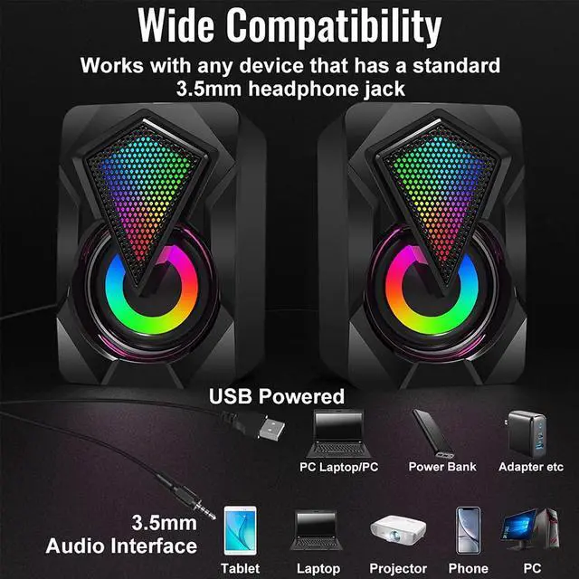 Alt view image 5 of 7 - Computer Speakers X2 Wired PC Speaker 2.0 USB Gaming Powered Stereo Mini Multimedia Volume Control with RGB Lights 3.5mm Aux Input for Phone Tablets Desktop Laptop