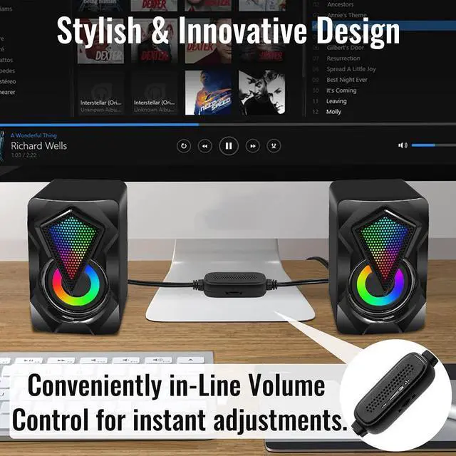 Alt view image 4 of 7 - Computer Speakers X2 Wired PC Speaker 2.0 USB Gaming Powered Stereo Mini Multimedia Volume Control with RGB Lights 3.5mm Aux Input for Phone Tablets Desktop Laptop