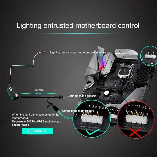 Alt view image 6 of 7 - 550mm ARGB Symphony Chassis LED Strips, 38 LED Lights, 600mm Digital-RGB Motherboard Adapter, 3Pin PC Computer Chassis Controller 5v, Suitable for ARGB Chassis, Controllers, Motherboards (5V 3pin), Et