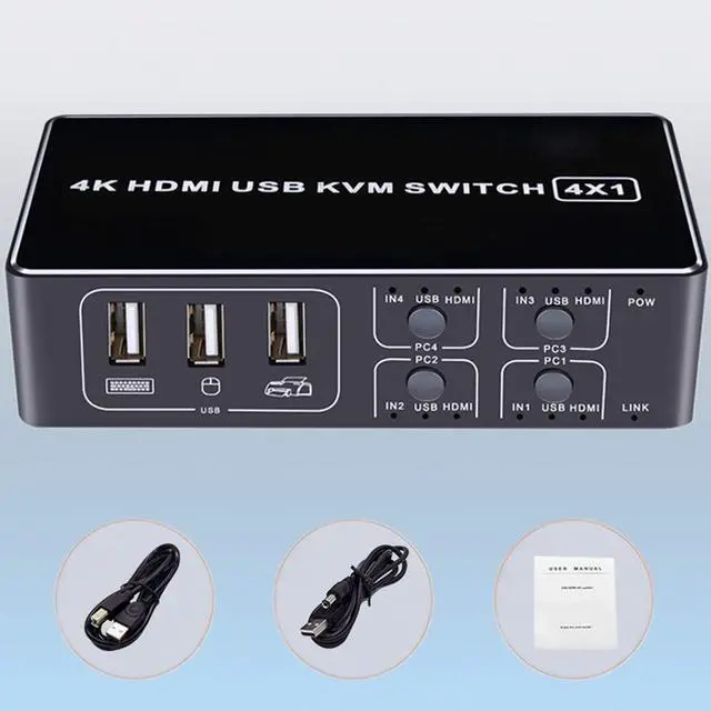 Alt view image 7 of 7 - KVM Switch HDMI 4 Port Box,4 in 1 Out KVM Switch 4 Computers Share Keyboard Mouse Printer Monitor Support HUD 4K@60Hz for Laptop,PC,Xbox HDTV, with 4 USB Cable,1 Switch Button&Cable,1 Power Cable
