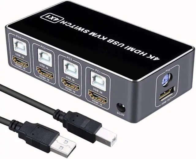 Alt view image 6 of 7 - KVM Switch HDMI 4 Port Box,4 in 1 Out KVM Switch 4 Computers Share Keyboard Mouse Printer Monitor Support HUD 4K@60Hz for Laptop,PC,Xbox HDTV, with 4 USB Cable,1 Switch Button&Cable,1 Power Cable