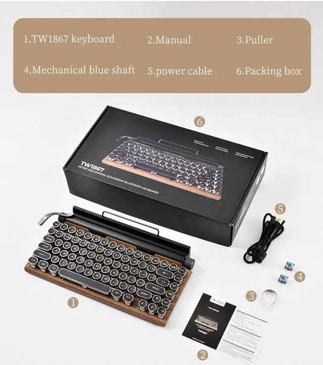 Alt view image 7 of 7 - Corn TW1867 83-Key Retro Typewriter Mechanical Keyboard, Punk Keycap Design, Bluetooth 5.0, White LED Backlight, Mobile Phone Tablet MAC Blue Axis Real Mechanical Keyboard
