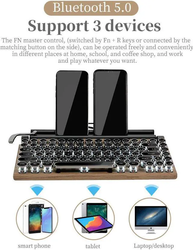 Alt view image 4 of 7 - Corn TW1867 83-Key Retro Typewriter Mechanical Keyboard, Punk Keycap Design, Bluetooth 5.0, White LED Backlight, Mobile Phone Tablet MAC Blue Axis Real Mechanical Keyboard