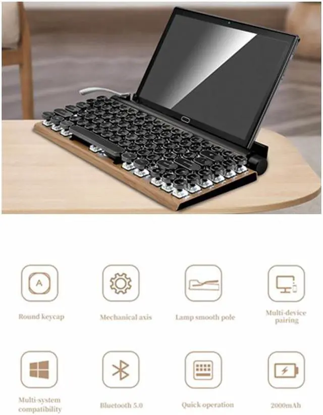 Alt view image 3 of 7 - Corn TW1867 83-Key Retro Typewriter Mechanical Keyboard, Punk Keycap Design, Bluetooth 5.0, White LED Backlight, Mobile Phone Tablet MAC Blue Axis Real Mechanical Keyboard