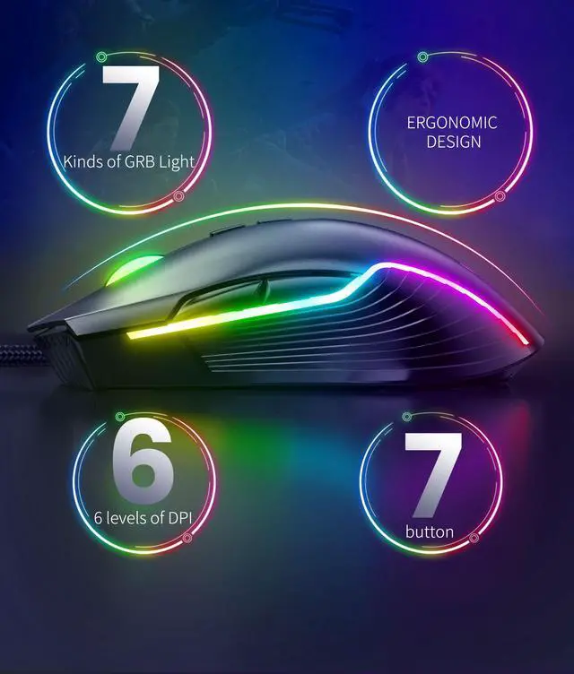 Alt view image 2 of 6 - Wired gaming mouse,Computer Mouse Ergonomic,USB Computer Mice with Optical Backlit -6400 DPI -7 Buttons Premium and Portable Office and Home Mice,Apply to laptops Windows PC, Desktop(Black)