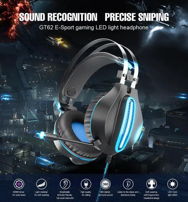 Alt view image 3 of 5 - CORN GT62 Wired Gaming Headset 3.5mm Jack 50mm Bass Stereo Sound LED Light E-sport Headphone with Mic for PS3/4 Computer PC Gamer
