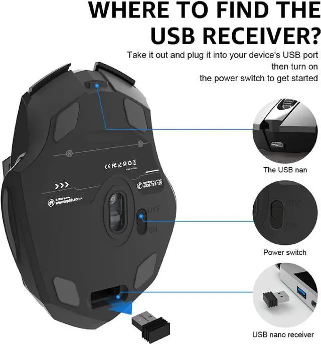 Alt view image 6 of 7 - Wireless Mouse 700mAh Large Ergonomic Rechargeable 2.4G Optical PC Laptop Cordless Mice with USB Nano Receiver, for Windows Computer Office, Black