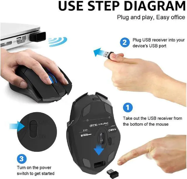 Alt view image 7 of 7 - Wireless Mouse 700mAh Large Ergonomic Rechargeable 2.4G Optical PC Laptop Cordless Mice with USB Nano Receiver, for Windows Computer Office, Black