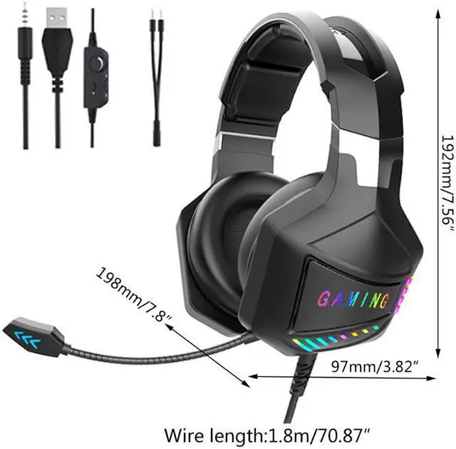 Alt view image 2 of 5 - CORN 3.5MM/USB Wired Gaming Headphones with Omnidirectional Mic for PC Computer Headset, 50mm Drivers, RGB Light, Active Noise Cancellation, Lightweight design for maximum comfort