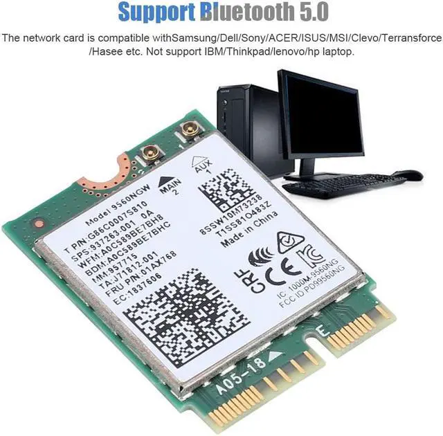 Alt view image 4 of 6 - Intel 9560NGW 2.4G/5G 300Mbps+1730Mbps 160 MHz Channels Bluetooth 5.0 NGFF Combo Wifi Adapter