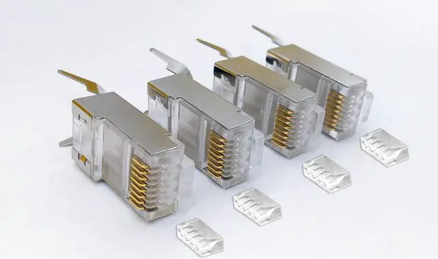 Alt view image 5 of 5 - Corn Electronics Cat6A & Cat7 RJ45 Connectors, Network Plug RJ45 Ends Nickel-Plated Shielded, 50 UM Gold Plated Shielded with plastic insert For AWG23-10 Pack