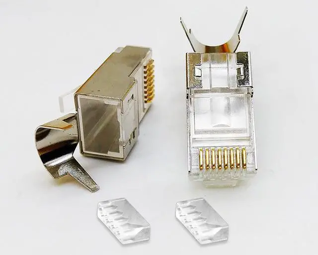 Main image of Corn Electronics Cat6A & Cat7 RJ45 Connectors, Network Plug RJ45 Ends Nickel-Plated Shielded, 50 UM Gold Plated Shielded with plastic insert For AWG23-10 Pack
