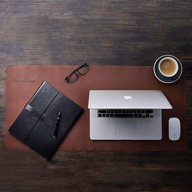 Alt view image 3 of 7 - Leather Desk Pad – 36 x 17 inch - Desk Mat Home Office Desk Accessories Desktop Protector XXL Mouse Pad Writing Desk Blotter (Dark Brown)