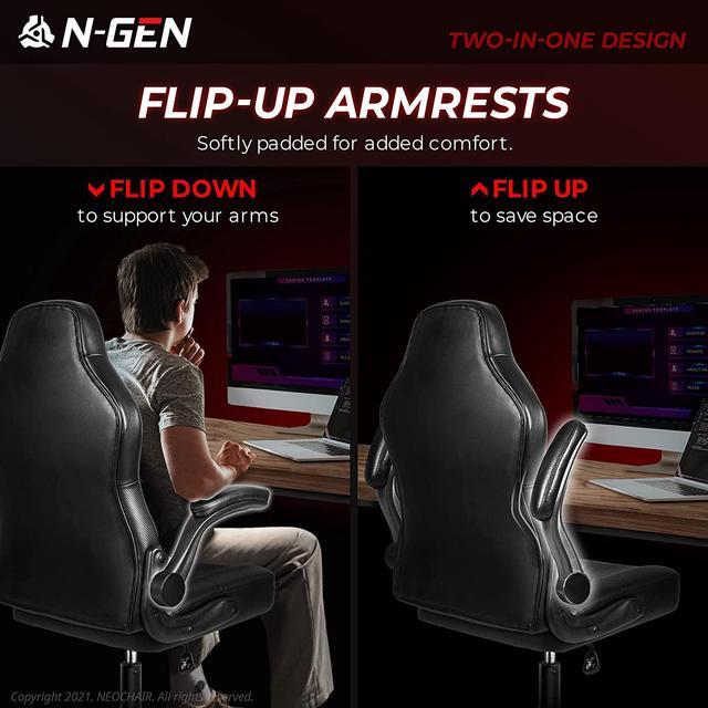 Alt view image 7 of 7 - N-GEN Gaming Chair Ergonomic Office Chair PC Desk Chair with Lumbar Support Flip-Up Arms Levelled Seat Style Headrest PU Leather Executive High Back Computer Chair for Adults Women Men