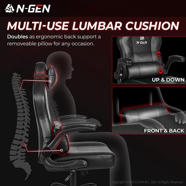 Alt view image 4 of 7 - N-GEN Gaming Chair Ergonomic Office Chair PC Desk Chair with Lumbar Support Flip-Up Arms Levelled Seat Style Headrest PU Leather Executive High Back Computer Chair for Adults Women Men