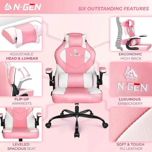 Alt view image 5 of 5 - N-GEN Gaming Chair Ergonomic Office Chair PC Desk Chair with Lumbar Support Flip-Up Arms Levelled Seat Style Headrest PU Leather Executive High Back Computer Chair for Adults Women Men
