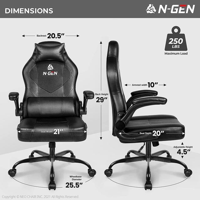 Alt view image 3 of 7 - N-GEN Gaming Chair Ergonomic Office Chair PC Desk Chair with Lumbar Support Flip-Up Arms Levelled Seat Style Headrest PU Leather Executive High Back Computer Chair for Adults Women Men