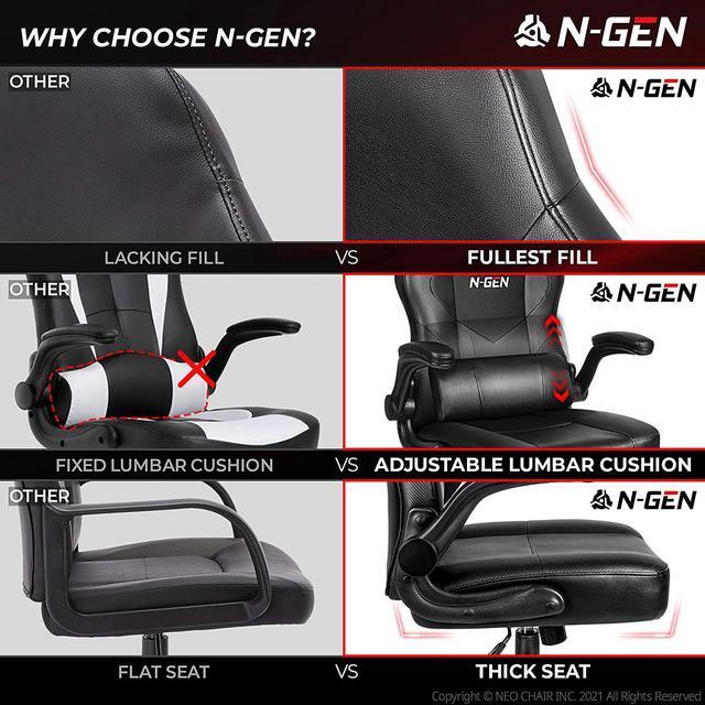 Alt view image 6 of 7 - N-GEN Gaming Chair Ergonomic Office Chair PC Desk Chair with Lumbar Support Flip-Up Arms Levelled Seat Style Headrest PU Leather Executive High Back Computer Chair for Adults Women Men