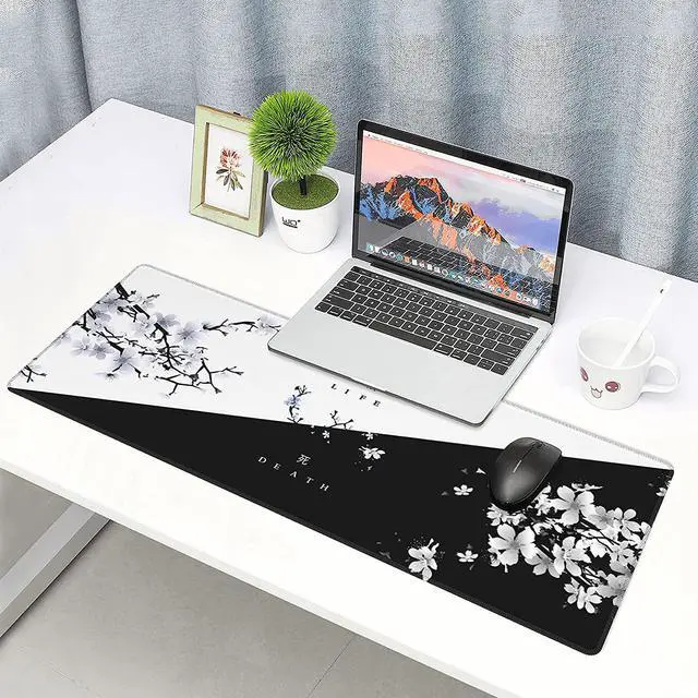 Alt view image 7 of 7 - Black White Cherry Blossom Mouse Pad Japanese Sakura Death Life Flower Extended Desk Mat 80X30 cm Non-Slip Rubber Base Stitched Edge Large XL Playmat for Keyboard Gaming Laptop Desktop,31.5×11.8 Inch