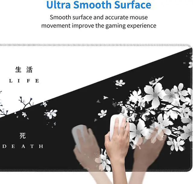 Alt view image 2 of 7 - Black White Cherry Blossom Mouse Pad Japanese Sakura Death Life Flower Extended Desk Mat 80X30 cm Non-Slip Rubber Base Stitched Edge Large XL Playmat for Keyboard Gaming Laptop Desktop,31.5×11.8 Inch