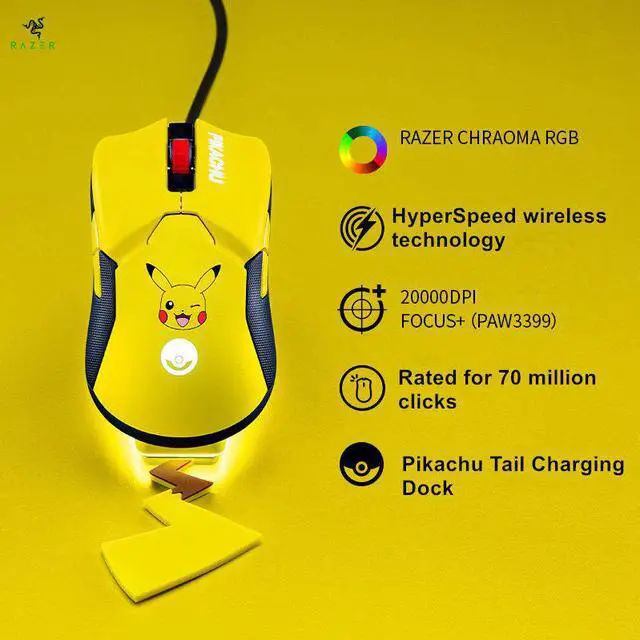 Alt view image 4 of 4 - Viper Ultimate X Pokemon Hyperspeed Lightest Wireless Gaming Mouse & RGB Pikachu Tail Charging Dock: 20K DPI Optical Sensor - Chroma Lighting - 8 Programmable Buttons - 70 Hr Battery