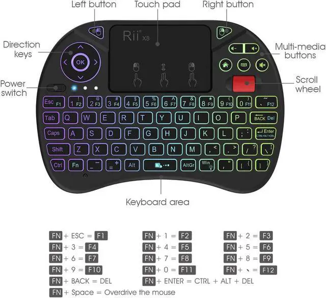 Alt view image 4 of 7 - Mini Keyboard,Rii X8 Portable 2.4GHz Mini Wireless Keyboard Controller with Touchpad Mouse Combo,8 Colors RGB Backlit,Rechargeable Li-ion Battery for Google Android TV Box, PS3, PC, Pad,Nvidia Shield