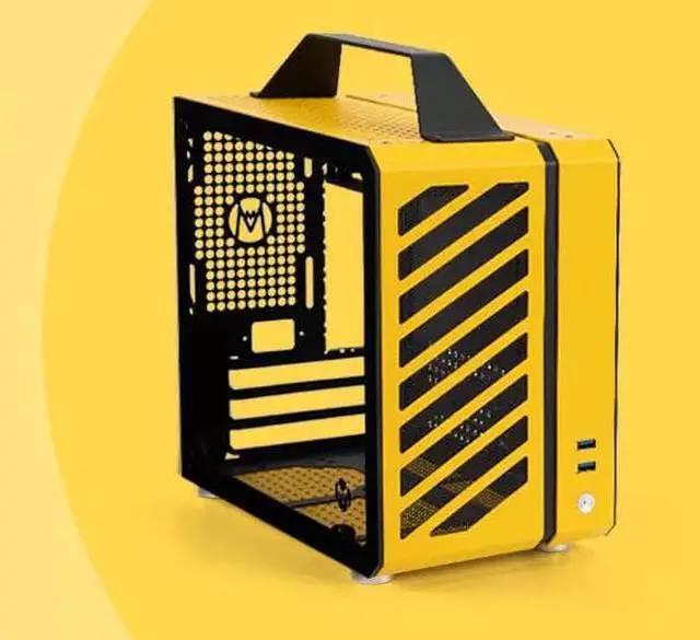 Alt view image 5 of 5 - C26 Yellow Portable MINI Computer Case (Support MATX/ITX Motherboard/A4 Aluminum/Side-Opening Glass Side Through) Type-C + USB3.0