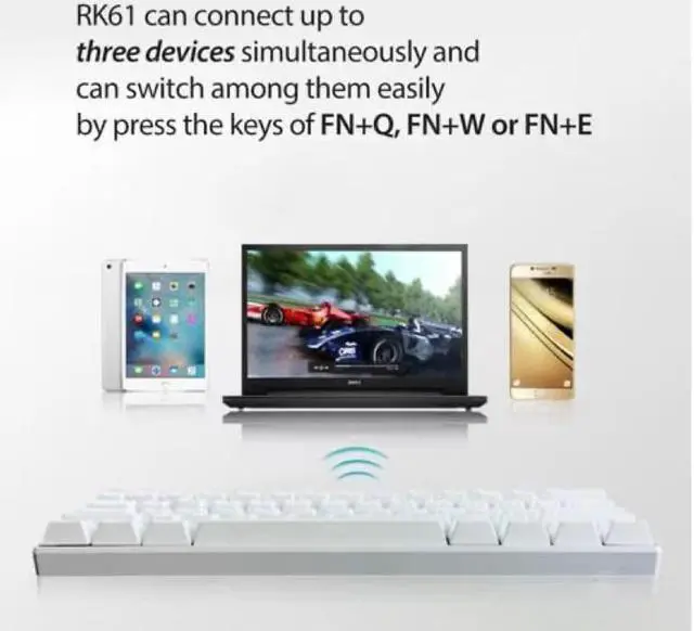Alt view image 7 of 7 - CORN 60 keyboard RK61 Bluetooth 5.0 Wired/Wireless 61 Keys Multi-Device LED Backlit Gaming/Office Mechanical Keyboard for iOS, Android, Windows and Mac with Rechargeable Battery , Red Switch - White