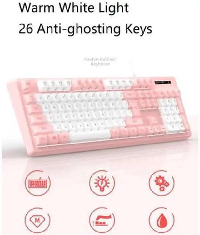 Alt view image 4 of 5 - Mechanical Feeling Gaming Keyboard Full Size 104-Keys for PC and Laptop, 26 Anti-ghosting Keys,Pink keyboard Wired White Backlit